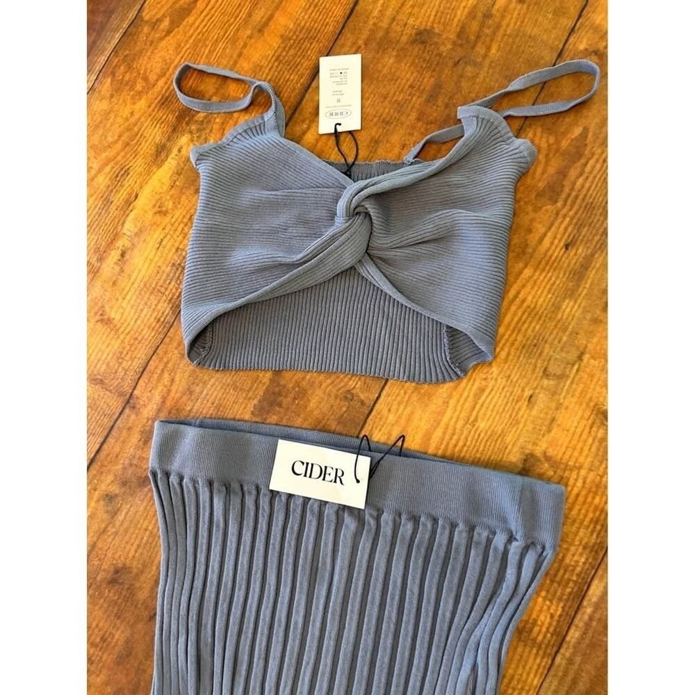 Cider‎ Ribbed 2 Piece Set Medium Crop Top Midi Skirt Blue Boho Festival indie